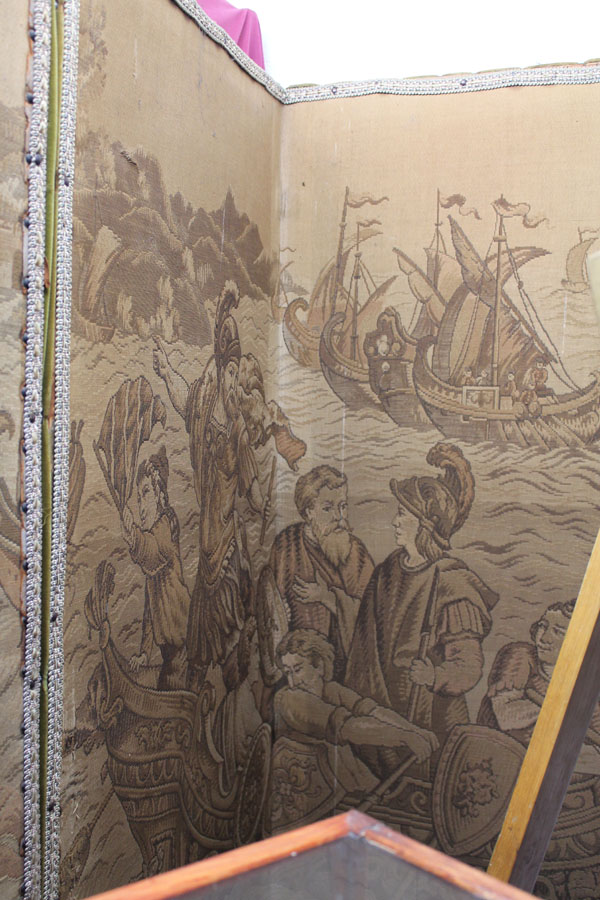 Large Edwardian four fold screen with one side with tapestry covering depicting naval battle and