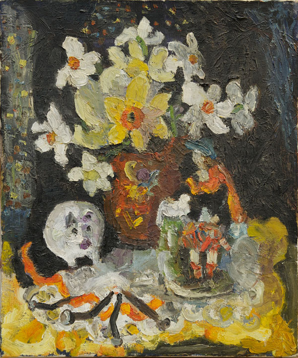 *Lucy Harwood (1893 - 1972), oil on canvas - still life of flowers in a jug, piggy bank and