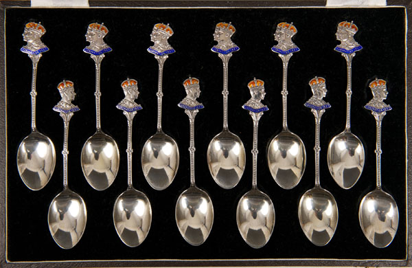 The 1937 Coronation - unusual set of twelve silver and enamel teaspoons - six cast with the