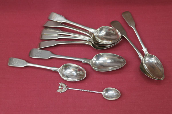 Collection of Georgian and later fiddle pattern spoons - various dates and makers and one other