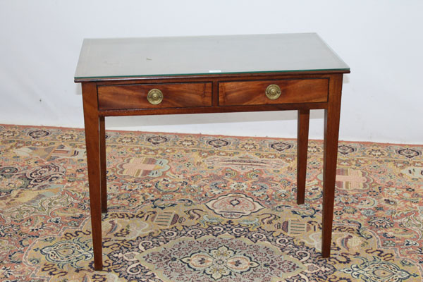Nineteenth century inlaid mahogany two drawer side table with brass handles, on square taper legs,