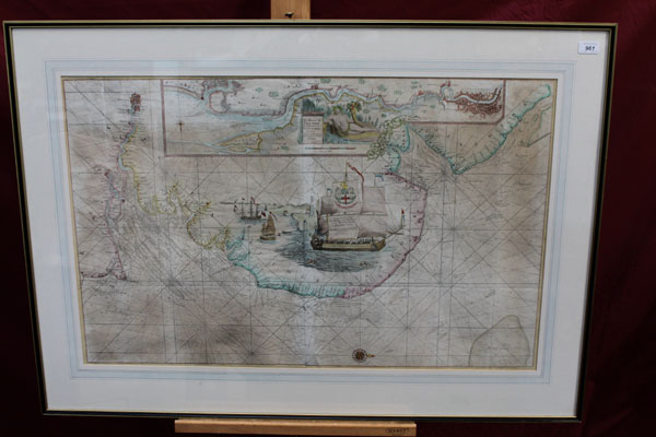 Capt. Greenville Collins, eighteenth century tinted engraved sea chart of the East Coast, with an
