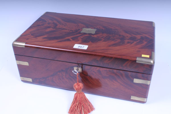 Victorian mahogany and brass bound writing box with purple velvet-lined slope and fitted interior