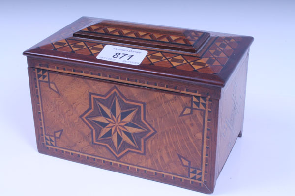 Victorian parquetry inlaid rectangular-shaped two-division tea caddy with star decoration, 17.5cm