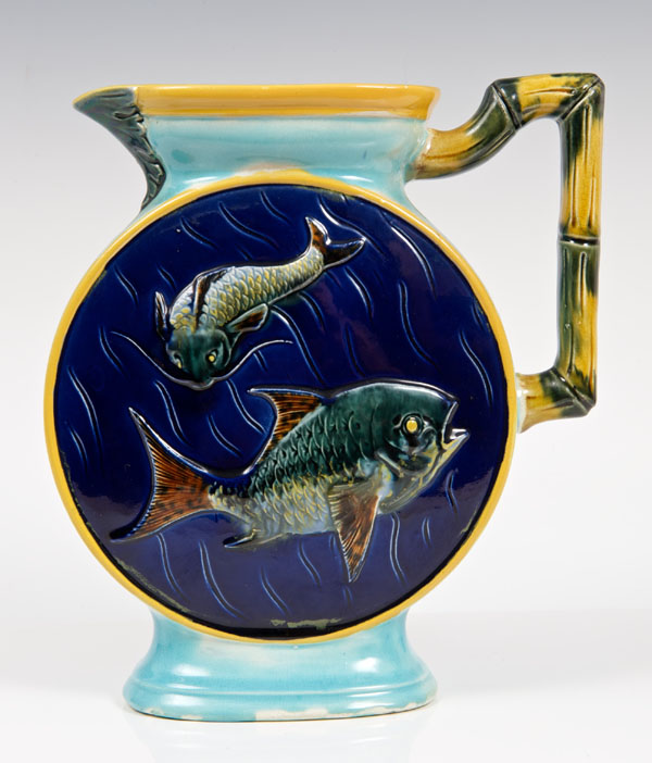 Victorian Majolica moon-shaped jug by Joseph Holcroft with relief fish decoration and faux bamboo