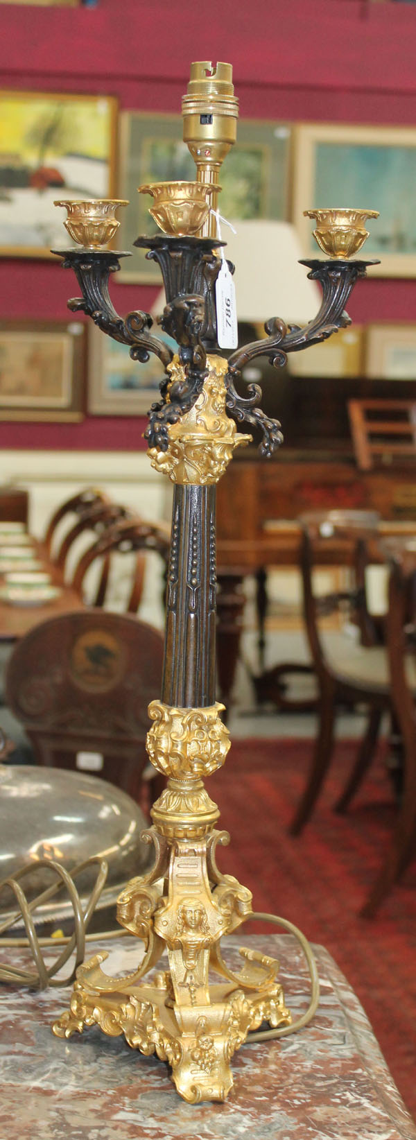 Pair of good quality mid-nineteenth century French bronze and ormolu three branch candelabra