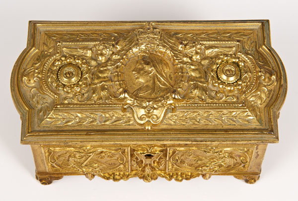 Good quality Victorian ormolu casket cast with crowned bust of Queen Victoria and symbols of her