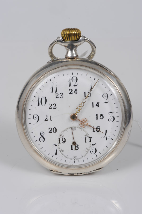 Domina open face pocket watch with button-wind movement, white enamel dial in relief cast steel