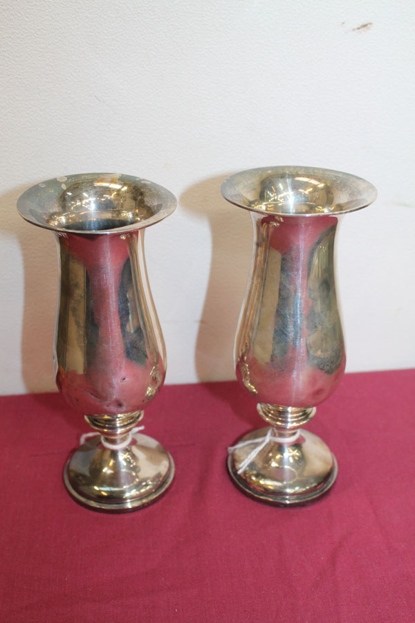 Pair George V silver spill vases of baluster form with flared rims, on circular pedestal feet (