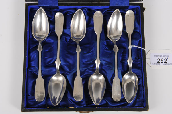 Set of six nineteenth century Austro Hungarian teaspoons with engraved initials, in a fitted case (