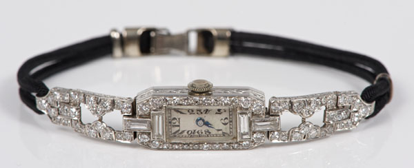 Art Deco ladies' diamond and platinum cocktail wristwatch with Swiss seventeen jewel mechanical