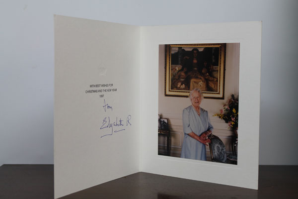 HM Queen Elizabeth, The Queen Mother - two signed Christmas cards, 1996 and 1997, with gilt embossed