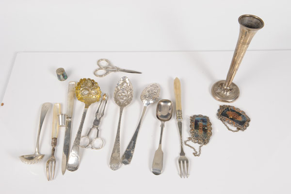 Selection of miscellaneous silver and white metal including a pair of Georgian dessert spoons (