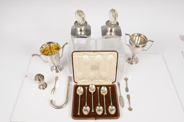 Selection of miscellaneous silver and white metal including a pair of cut glass toilet bottles