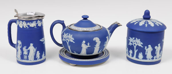 Late Victorian silver mounted Wedgwood blue jasper ware teapot and cover with stand, similar hot