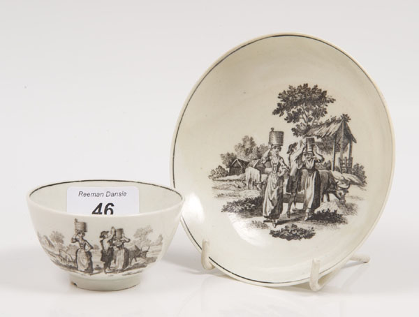 Eighteenth century Worcester Hancocks printed tea bowl and saucer with milkmaid decoration CONDITION