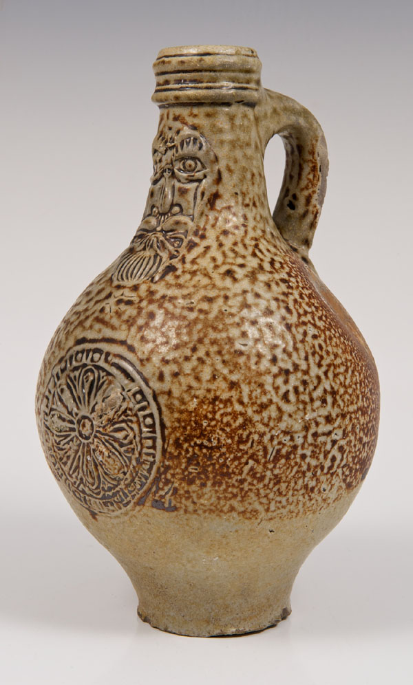 Late seventeenth century Rhenish stoneware bellarmine bottle with moulded bearded mask to spout