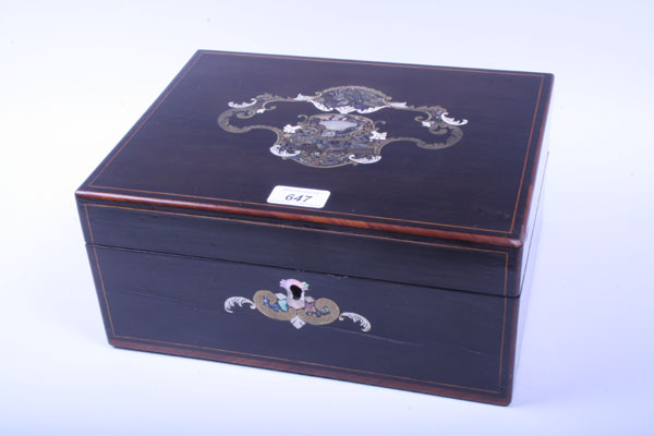 Victorian walnut writing box with brass, mother of pearl and abalone shell inlaid decoration, tooled