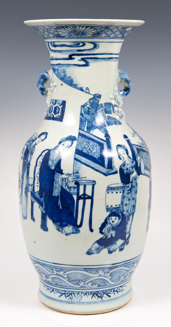 Nineteenth century Chinese blue and white porcelain vase with moulded branch handles and painted