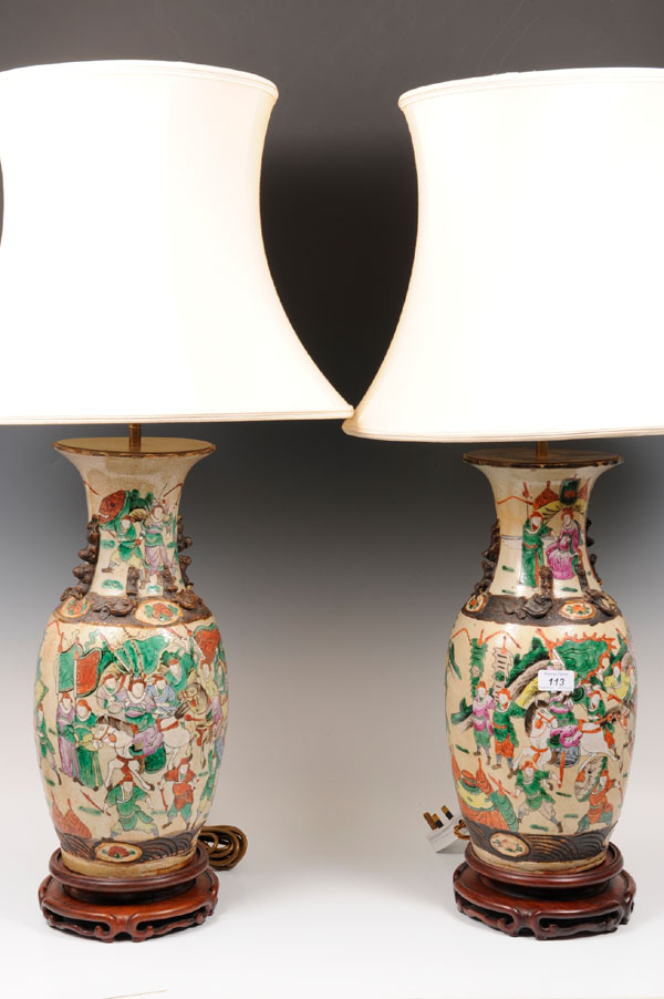 Pair late nineteenth century Chinese crackle glazed vases converted to table lamps painted with