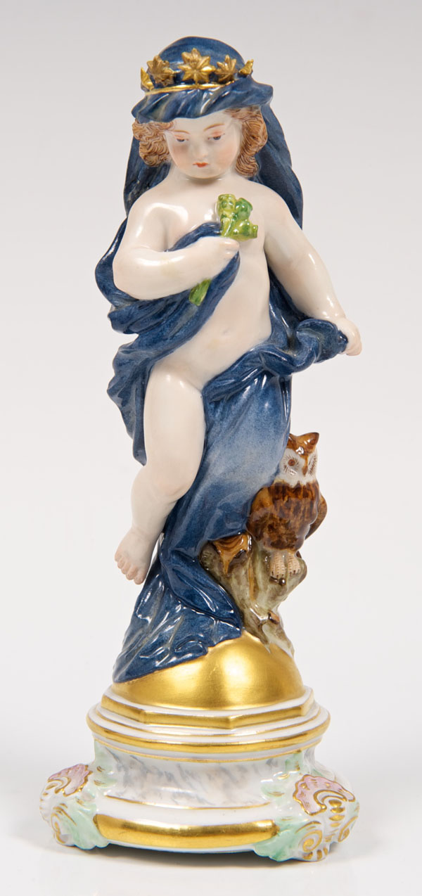 Late nineteenth century Meissen porcelain figure of night depicting a putto with blue cape and