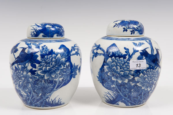 Pair nineteenth century Chinese export blue and white ginger jars and covers with painted bird and