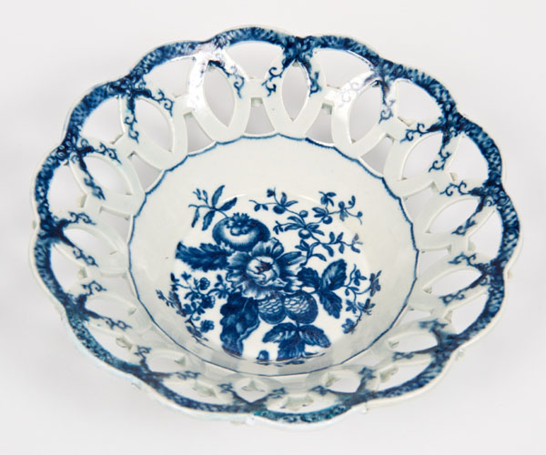 Mid-eighteenth century Worcester blue and white basket with printed pine cone decoration and