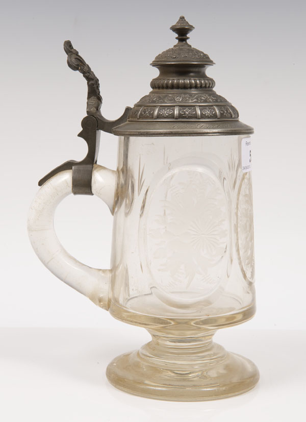 Late nineteenth century Bohemian engraved glass beer stein with floral decoration and pewter