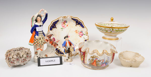 Two late nineteenth century Meissen porcelain figures, Meissen cabinet beaker, Beleek basket,