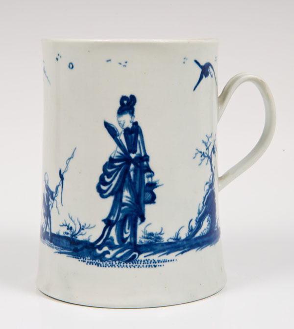 Fine mid-eighteenth century Worcester blue and white porcelain tankard with finely painted Chinese