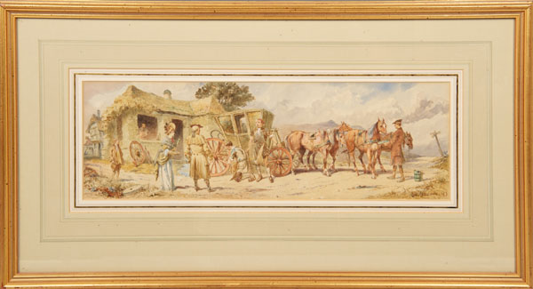 Charles Cattermole (1832 - 1900), watercolour, horse drawn carriage and figures - At the