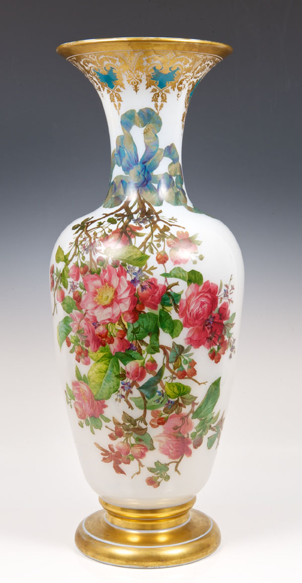 Large good quality mid-nineteenth century Bohemian milk glass vase with finely painted floral and