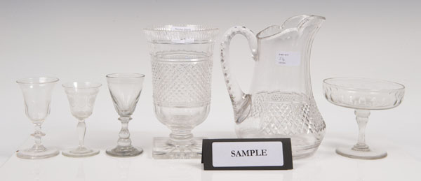 Good quality nineteenth century cut glass celery vase, good quality cut glass jug, champagne flutes,