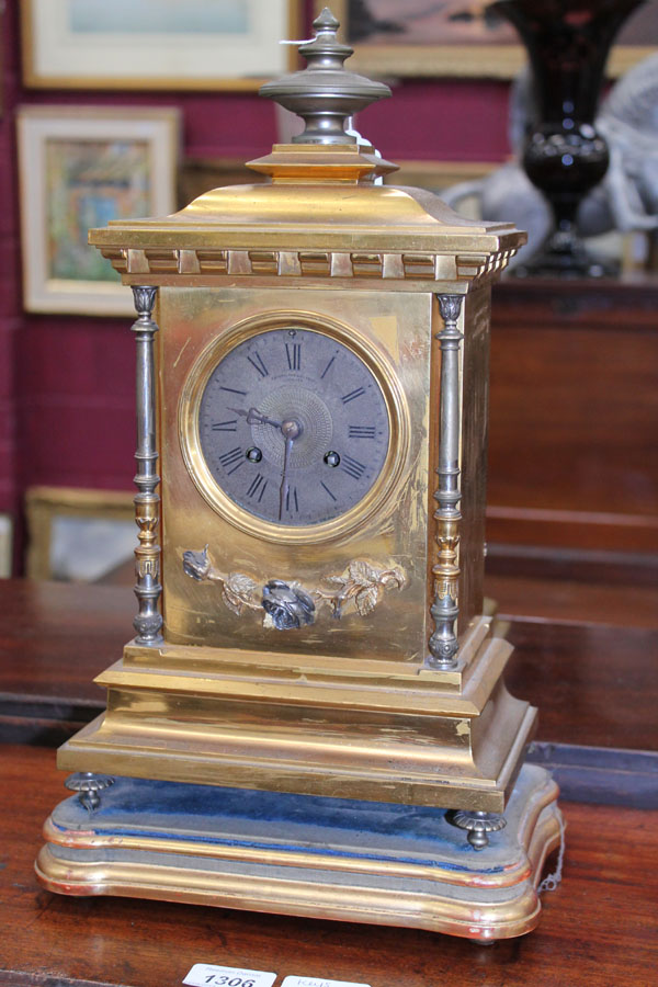 Victorian mantel clock with French eight day movement striking on a bell signed A*B, silvered dial