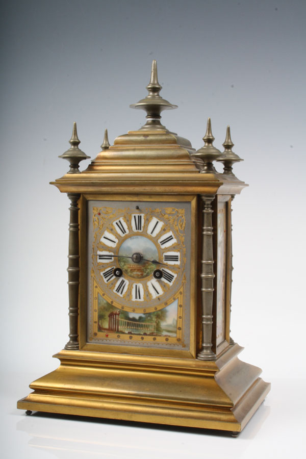 Nineteenth century mantel clock with eight day French movement striking on a bell with painted