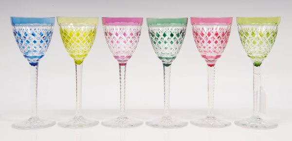 Set six 1920s cut glass harlequin tinted hock glasses with diamond cut decoration and star cut