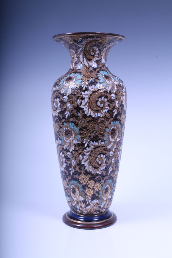 Doulton Lambeth Slaters Patent chine stoneware vase - brown, white and turquoise, by Rosina Brown,