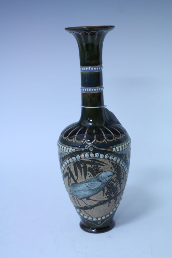 Doulton Lambeth vase with bird decoration, decorated by Florence Barlow, impressed marks to base,