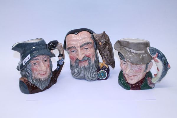 Three Royal Doulton character jugs - The Poacher D6429, Merlin D6529 and Rip Van Winkle D6438