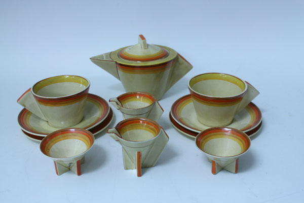Clarice Cliff Bizarre Range tea-for-two set with hand-painted yellow, orange, beige and brown