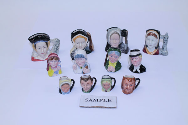 Twelve Royal Doulton miniature character jugs including Oliver Twist, Artful Dodger, Little Nell,