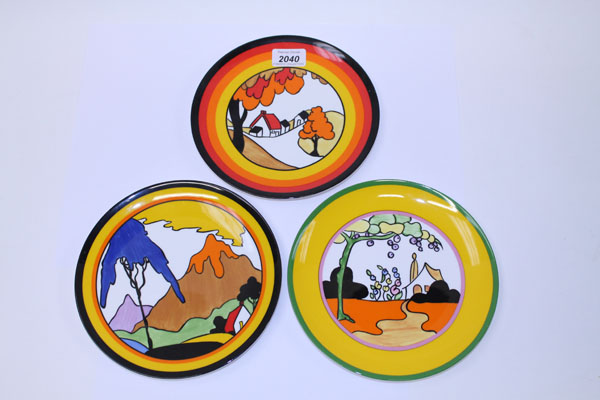 Three Wedgwood Clarice Cliff design plates - Tulip, Fantasque Mountain and House and Bridge, 20cm