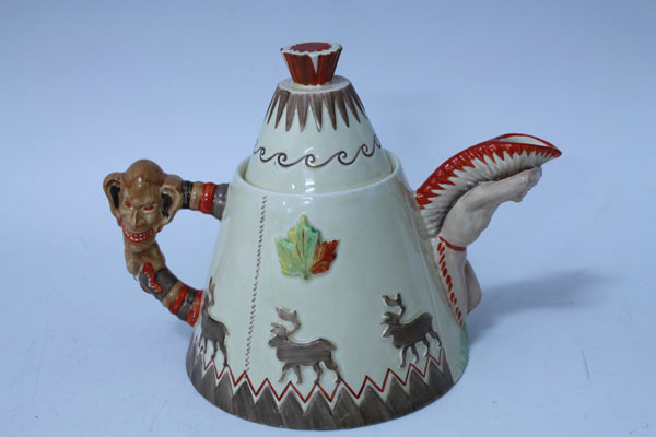 Clarice Cliff teapot in the form of a teepee - Greetings From Canada, 18cm high