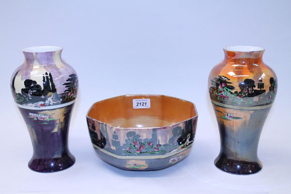 Wilkinsons lustre Pans Garden fruit bowl and two vases, all numbered to base - 1018