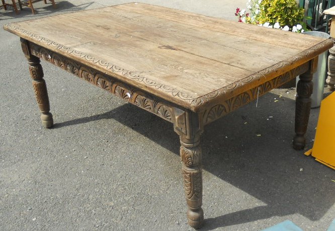 A 6’ heavy oak table with carved frieze and legs - 3’9” wide