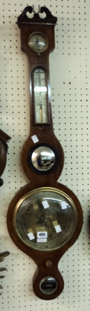 An antique inlaid mahogany cased banjo barometer/thermometer - sold with a new mercury tube