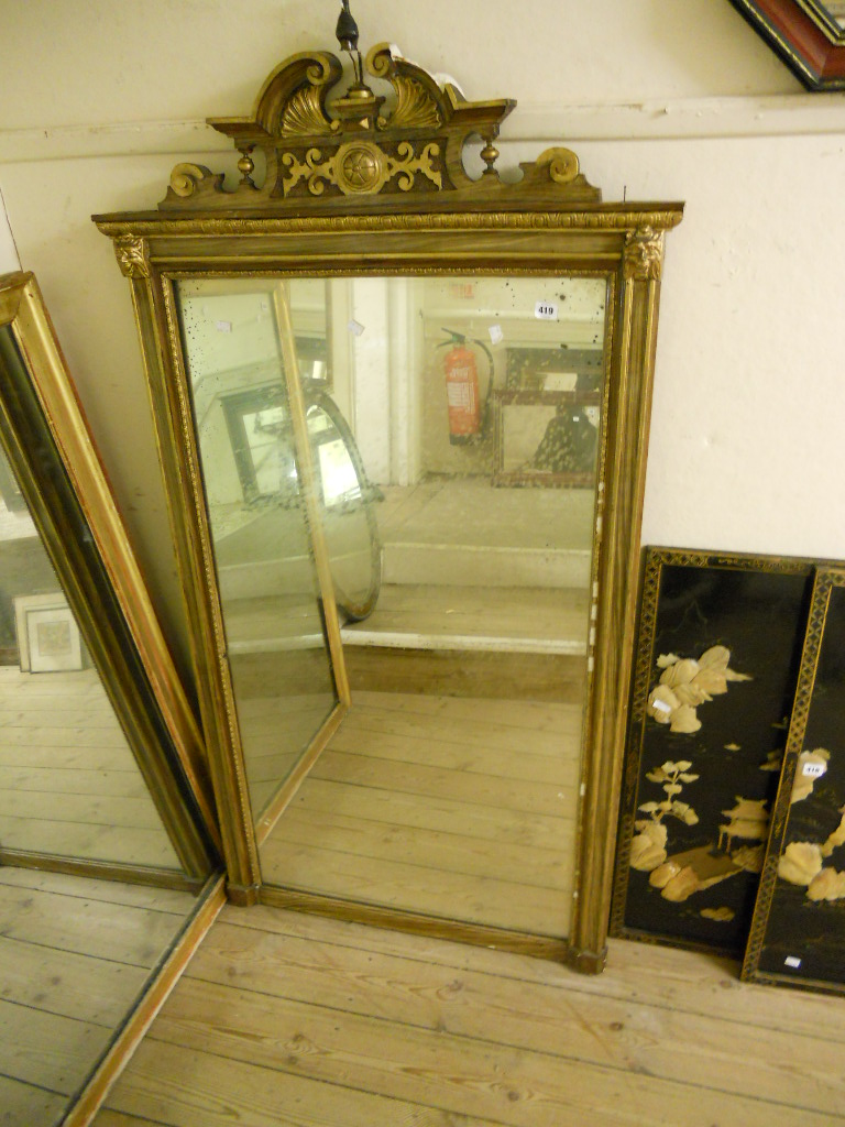 A rectangular gilt framed pier mirror with classical decorative pediment to top, (a/f)