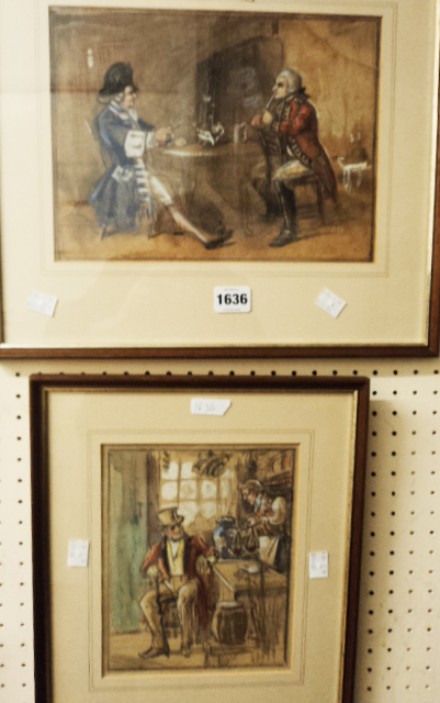 Margaret Dovaston RBA - two watercolour sketches of figures in interiors - London gallery labels