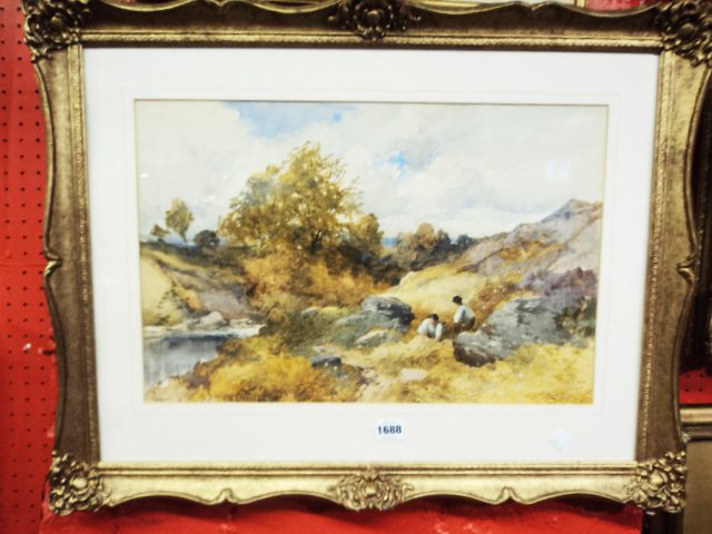 Frederick John Widgery - watercolour, Fern Gatherers in a Dartmoor Landscape, signed - 13” x 19 ½”