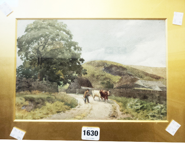 A gilt framed watercolour, farmer with cattle on a rural track